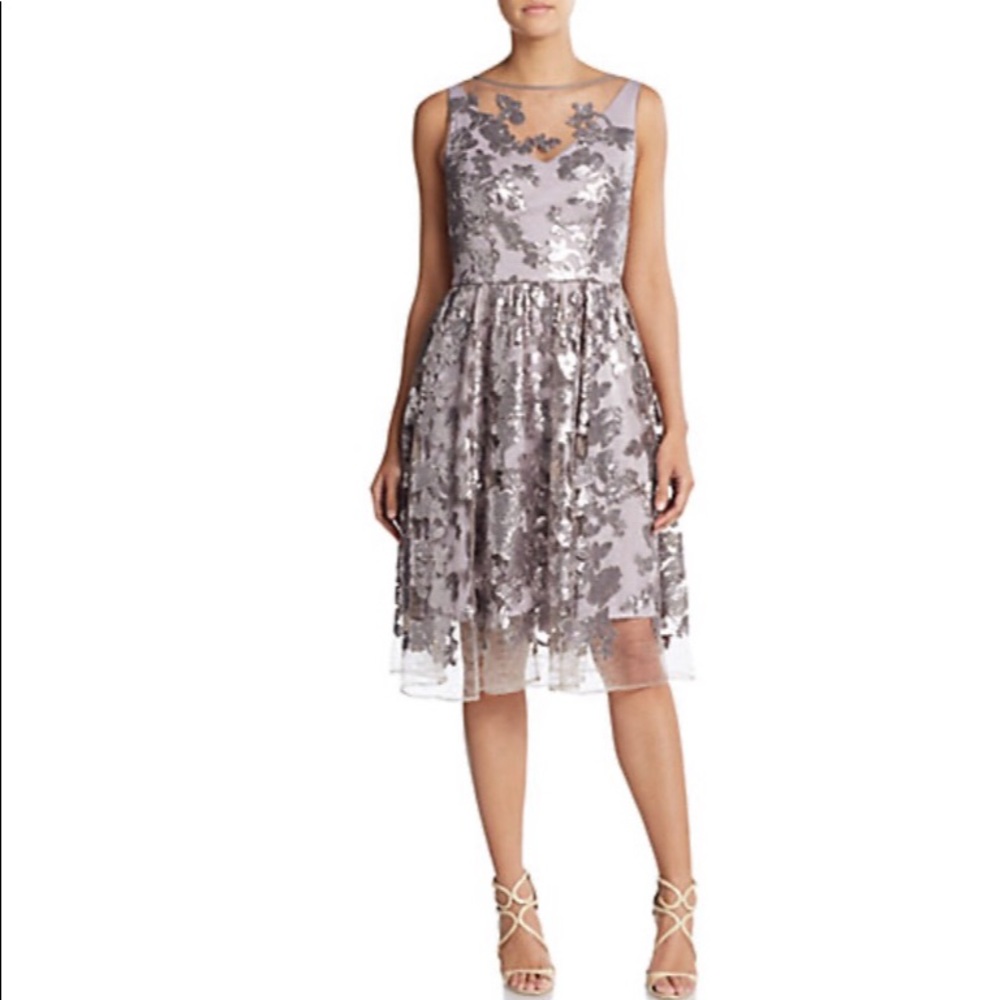 Vera wang sequined metallic illusion dress